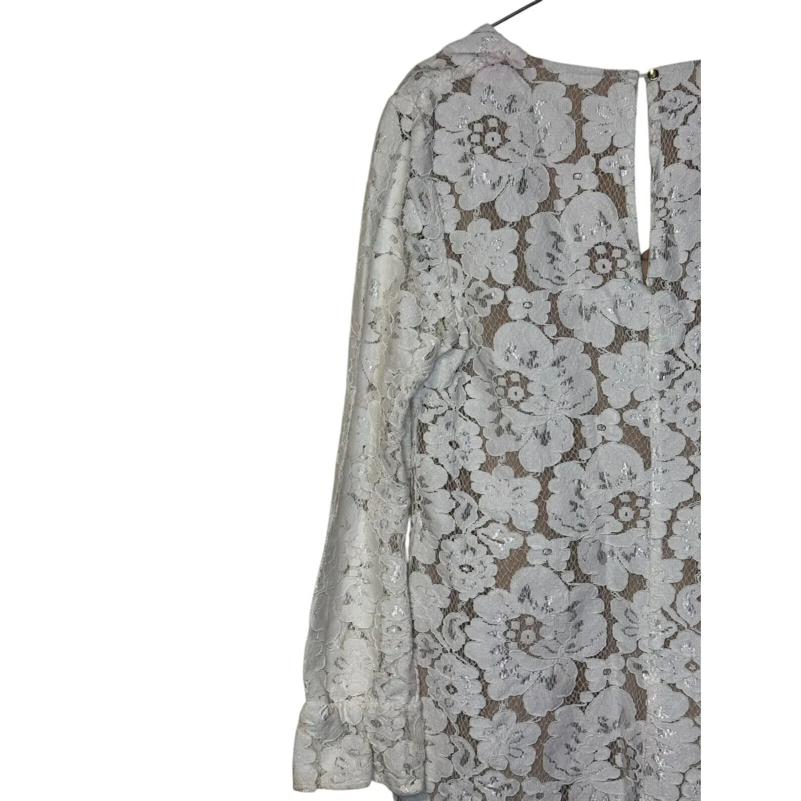 Wayf Women Blouse Sheer Lace Floral V-Neck 3/4 Sleeve‎ Nude Lining Ivory Medium - Image 9