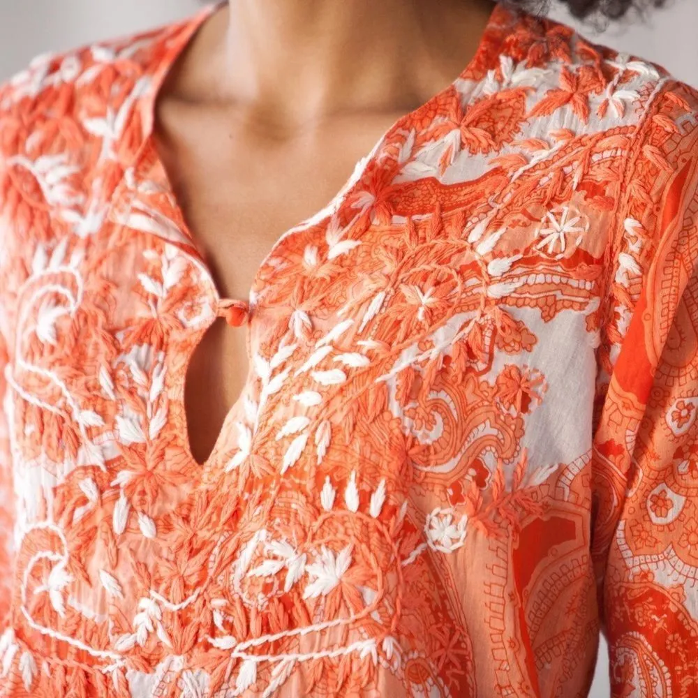Raj Tunic Dress 100% cotton embroidered Bohemian Orange & White size small - Image 4