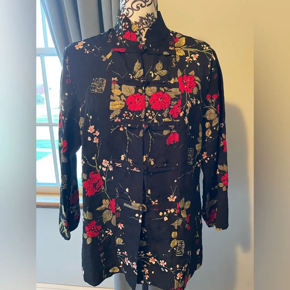 Silkland Women's Shirt Long Sleeve Kimono Top Black Red Beaded Flowers Silk Sz M Size M - Image 7