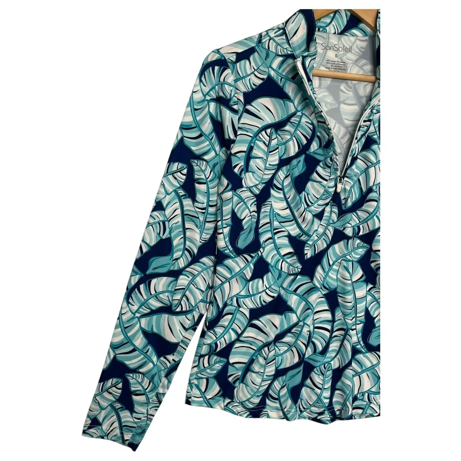 SanSoleil Top Womens Small Green Leaf Print Quarter Zip UPF 50 Pullover Golf Blue - Image 8