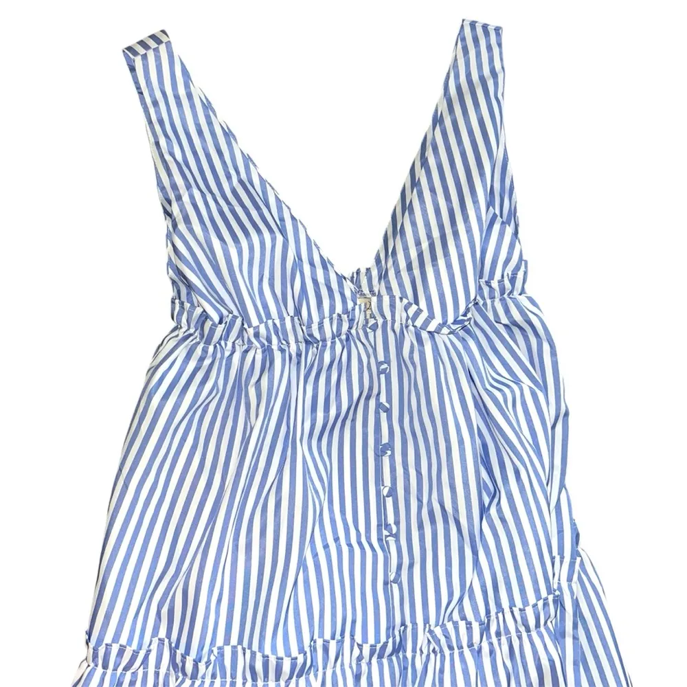 Blue White Striped Maxi Dress Deep V Neck Tiered Skirt - Image 3
