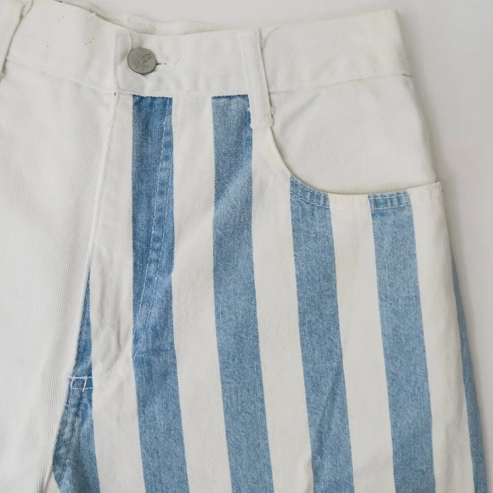 Vintage 80s Steel Jeans Striped High Waisted Denim Shorts Blue Size 26 - Image 4