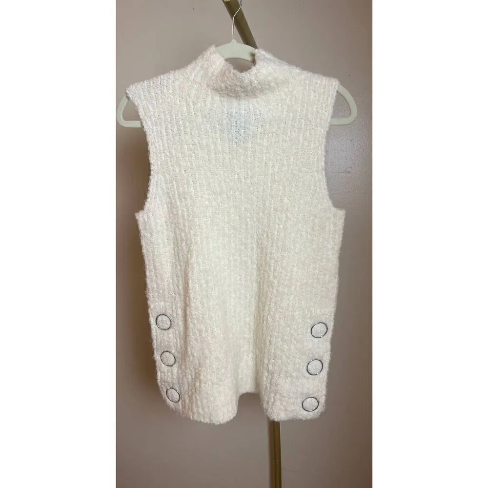 Club Monoco Sleeveless Cream Bouclé Mock Neck Sweater with Large Buttons Sz. M - Image 2