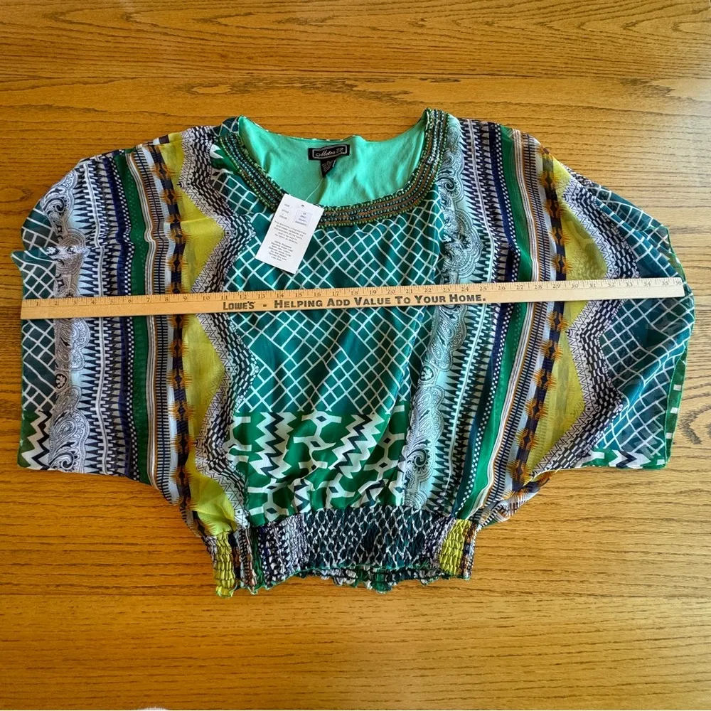 Metro 22 Tunic Top Women 1X Embellished Sheer Lined Green Geometric Short Sleeve - Image 8