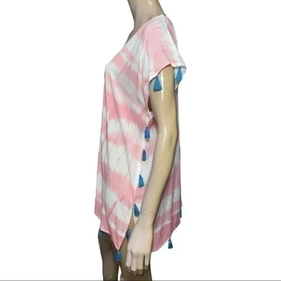 Surf Gypsy Women’s Size S Pink White Tie Dye Lined w Turquoise Tassels Cover Up - Image 2