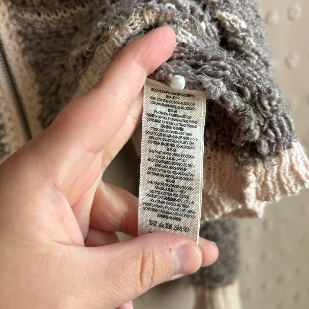 Free People‎ Open Knit Lace Detail Cropped Zip Up Sweater Sz L Grey Cream - Image 5