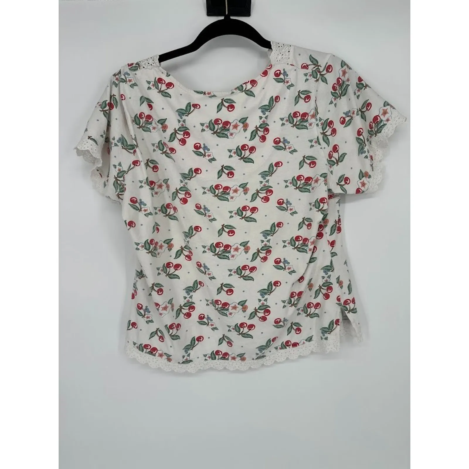 Vtg Mary Engelbreit Red Cherry Pajama Set Eyelet Lace Gingham Plaid Large 2 Pc White - Image 10