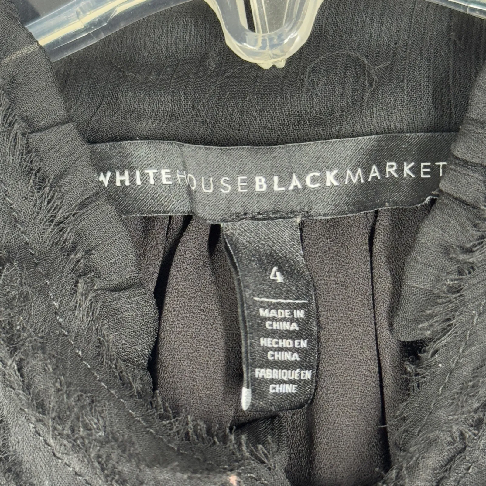 White House Black Market Blouse Sheer Long Sleeve‎ Ruffle Neck Neutral Black 4 - Image 6