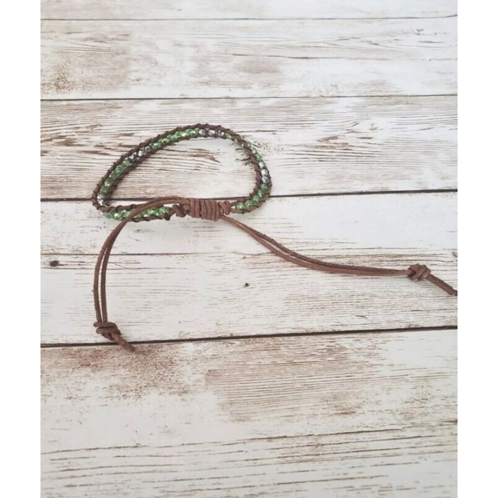 Brown Cord with Green Beads Adjustable Bracelet - Image 2