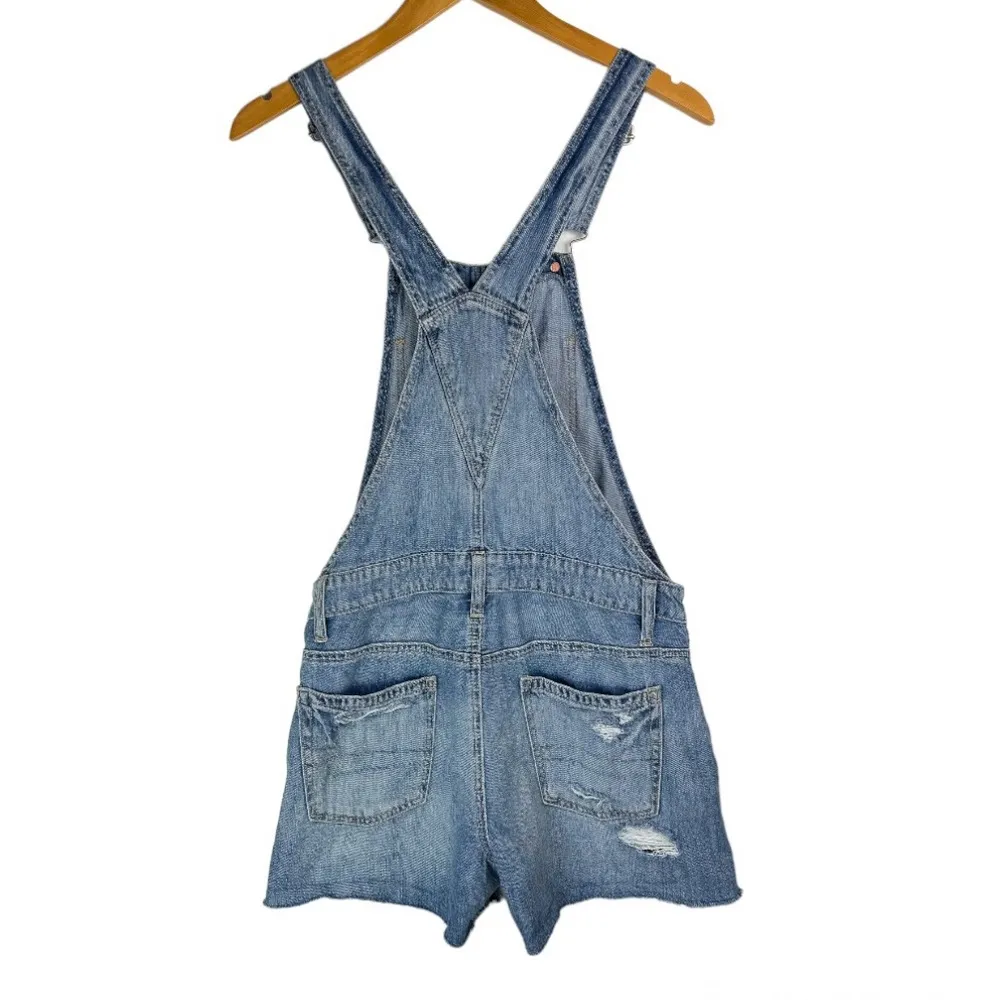 American Eagle Womens Shortalls Sz XS Light Medium Wash Distressed Relaxed Fit - Image 2