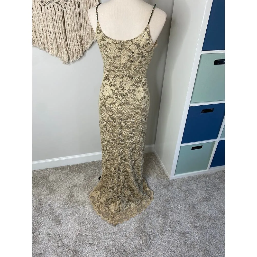 Vintage Joseph Ribkoff Gold Lace Sequin Beaded strap Formal Dress Long Gown 10 - Image 2