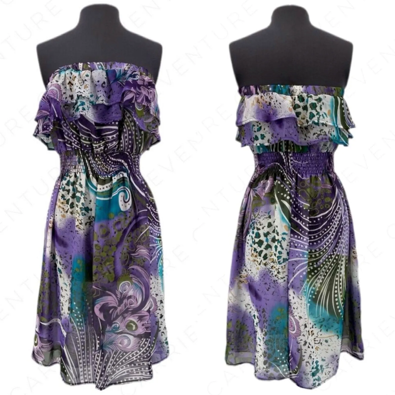 Ariella Purple Floral Printed Chiffon Dress Strapless Elasticized Stretchy Lined - Image 4