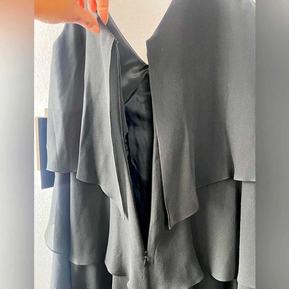 Vtge Daymor Womens 100% silk Black Elegant V neck Ruffle Layered Dress Sz 4 Maxi - Image 9