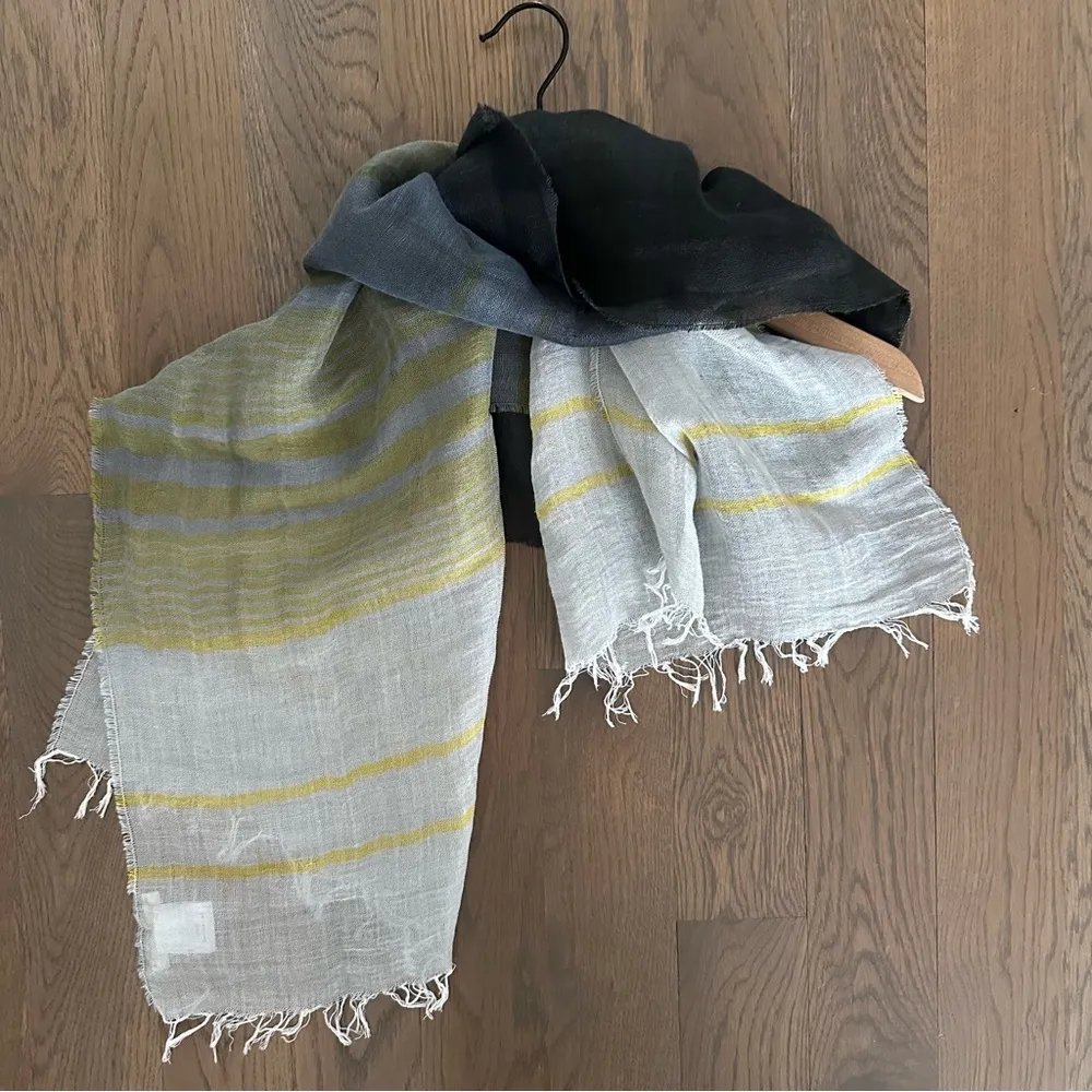 Eileen Fisher Linen/Cotton Blend Striped Oblong Scarf Slate Blue, Yellow, Grey - Image 7