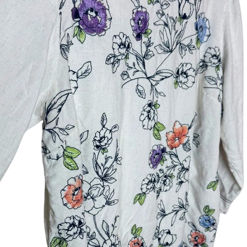 J. Jill Women’s Sz XL Embroidered Blouse Floral Flowers 3/4 Sleeve Linen Blend - Image 6