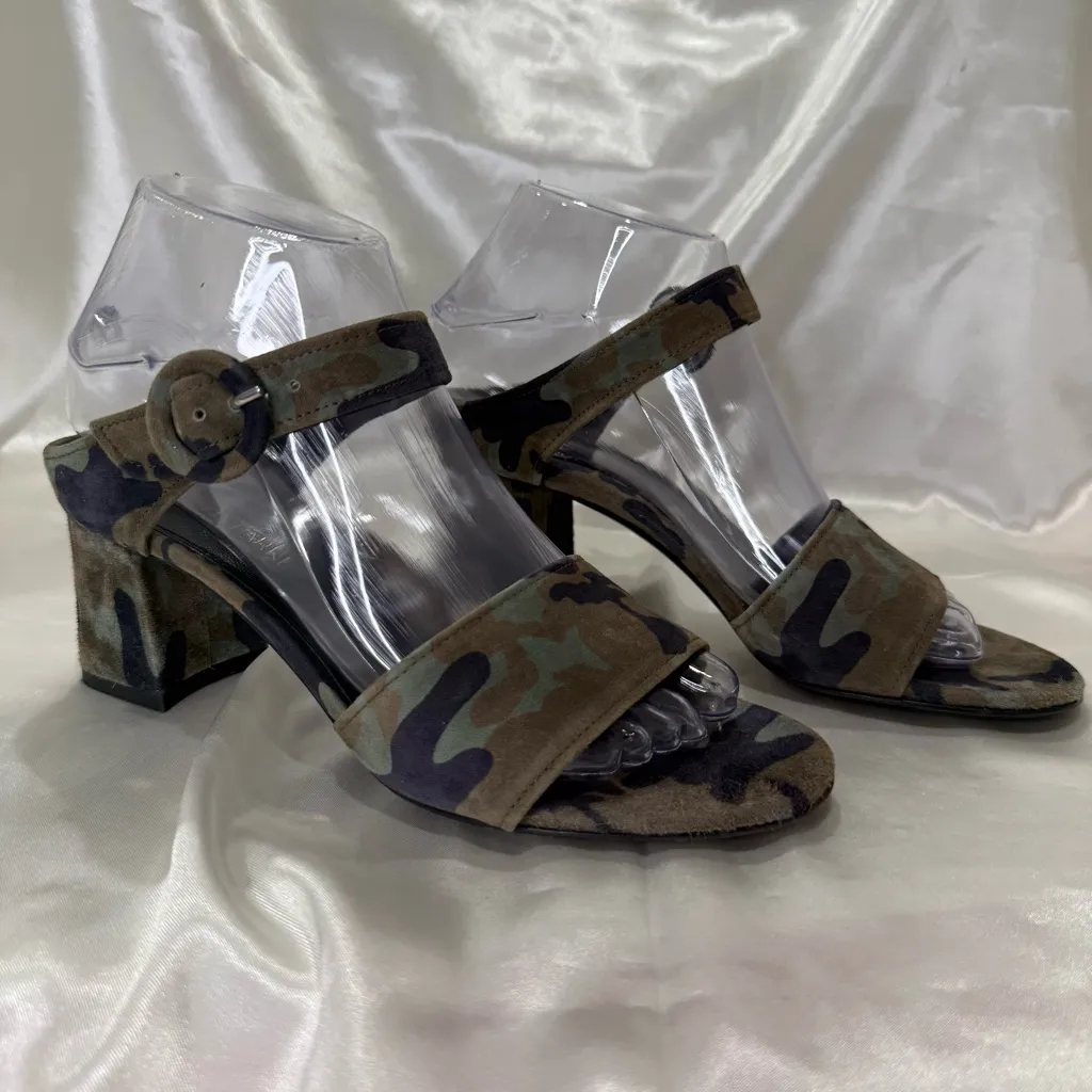 Marion Parke Lora Heeled Sandals Size 37/7 Green Camo Suede Block Heel Chic Edgy - Image 5