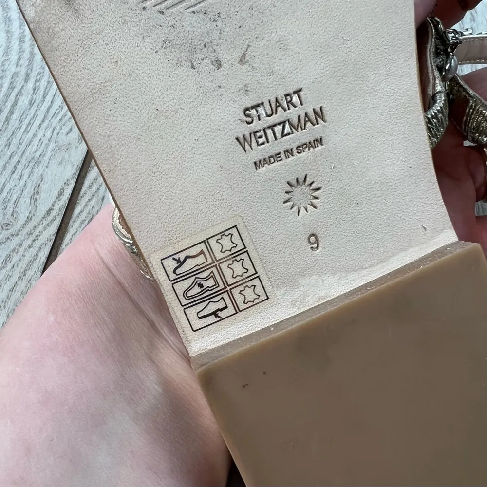 Stuart Weitzman Aleena Shine Pearl & Gem Embellished Flat Sandals 9 Platino $450 - Image 10