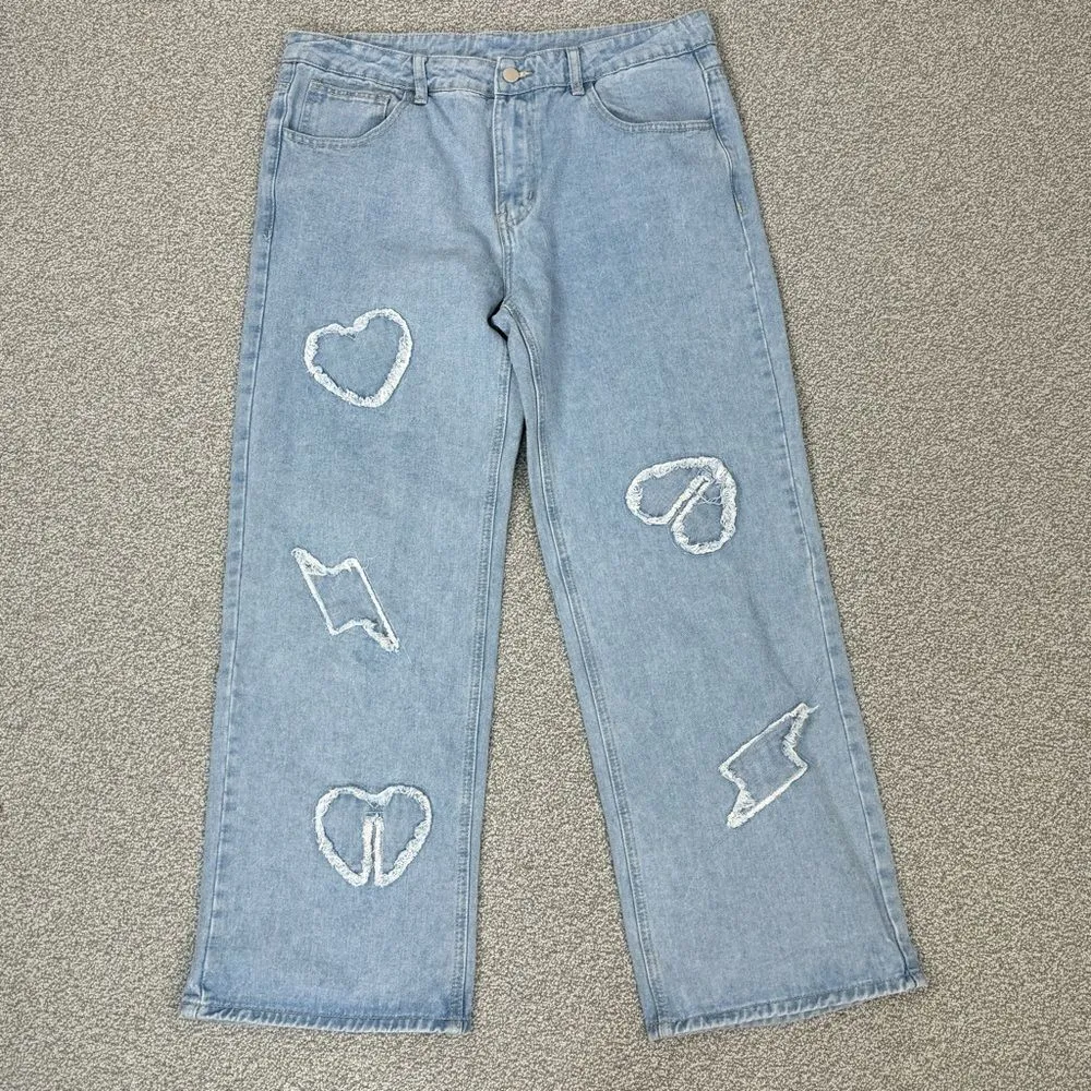 Q&J Patchwork‎ Hearts Wide Leg High Rise Jeans Blue Large Blue Size 12 - Image 3