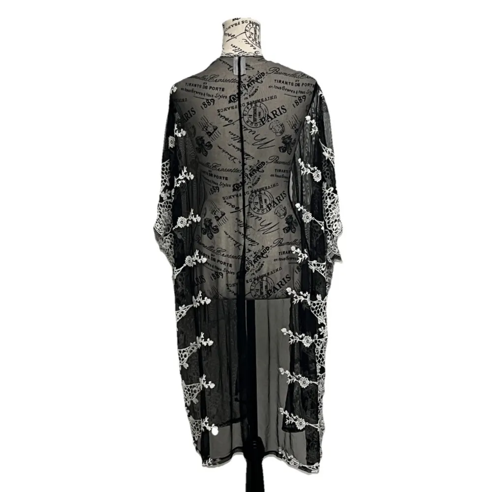 Women's Kimono Embroidered Mesh Sheer Crochet Beach Boho Coastal Goth Hippie L - Image 5