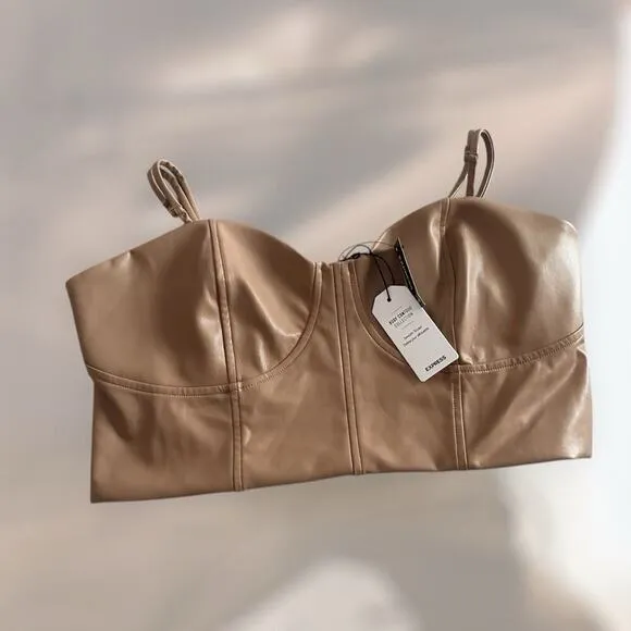 NEW Express Body Contour Faux Leather Corset Cropped Top Tank Cami Crop Tan XL - Image 2