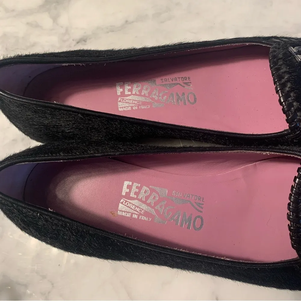 Salvatore Ferragamo Solid Black Calf Hair Loafers Flats Size 5 1/2 B EUC - Image 3