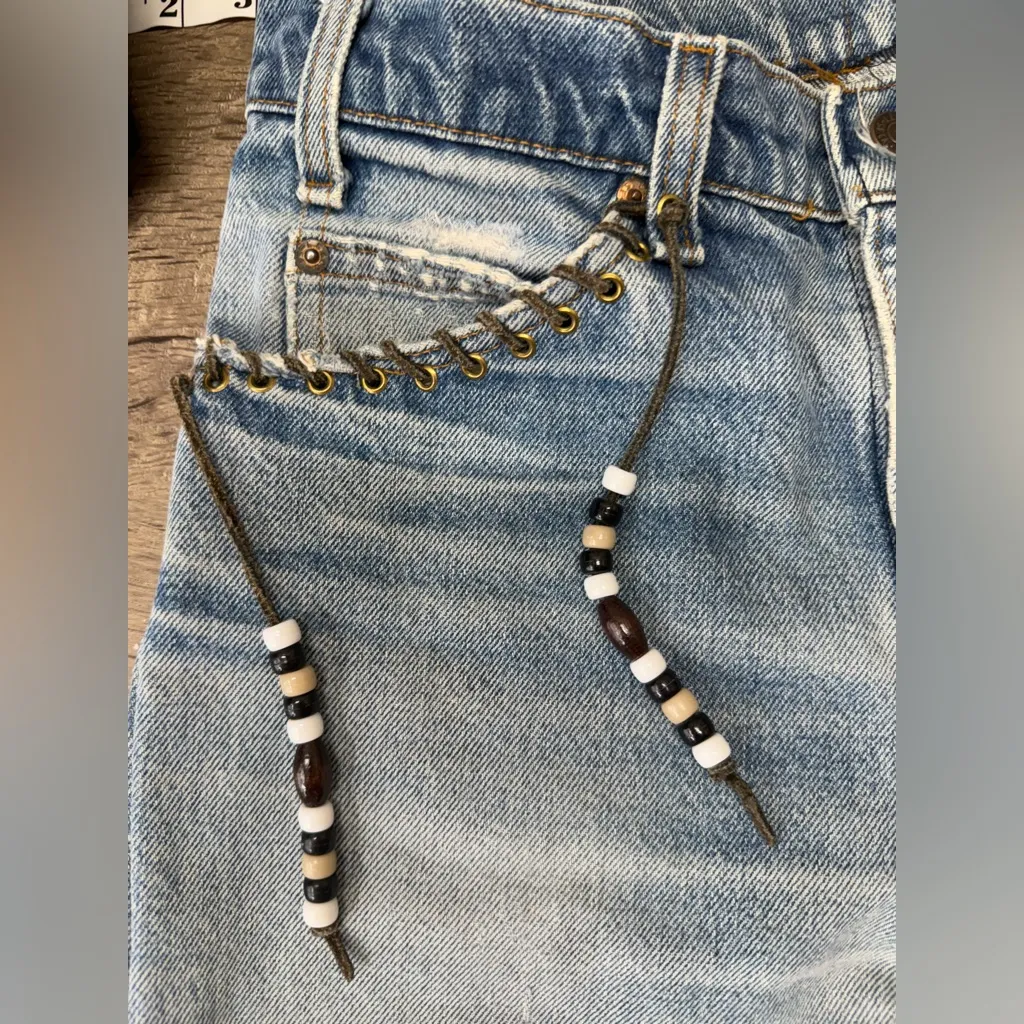 Vintage Levi's orange tab denim shorts with unique beaded and patch size medium - Image 5