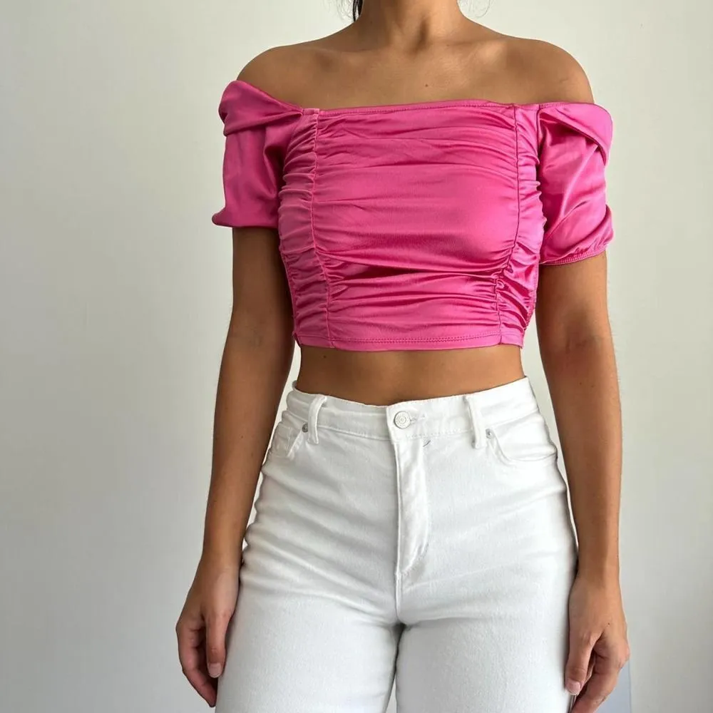 NEW Hot pink metallic barbie lace up crop top Pink Size L - Image 4