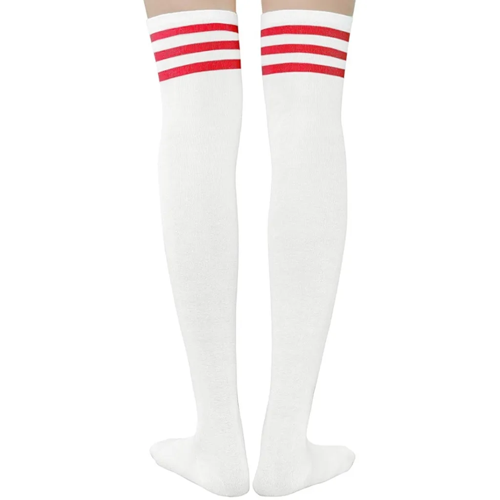 White Thigh High Nylon Stockings with Red Stripes – Retro Athletic Look - Image 4