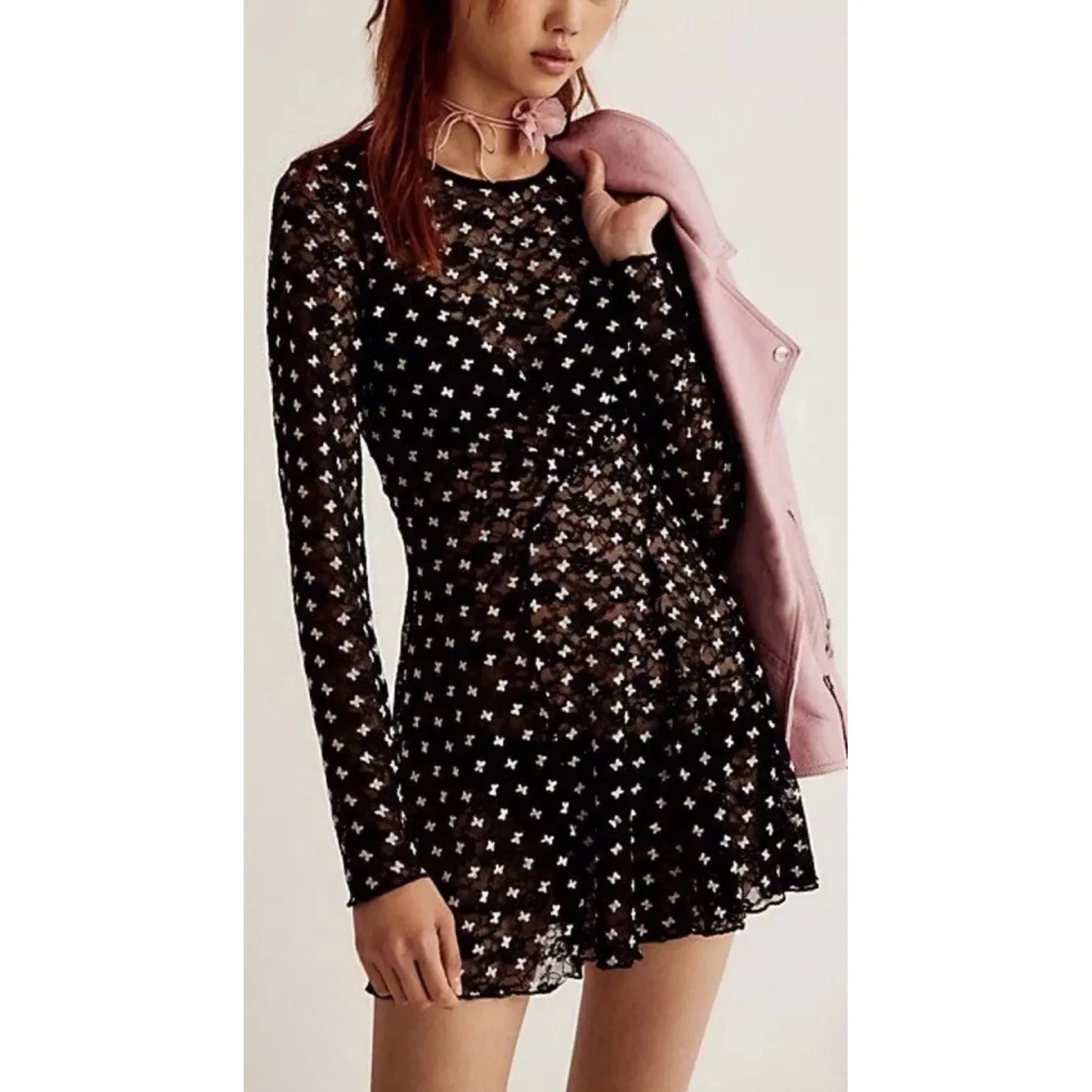 Free People sz L Womens Sheer Delight Open Back Long Sleeve Velvet Print Dress - Image 4