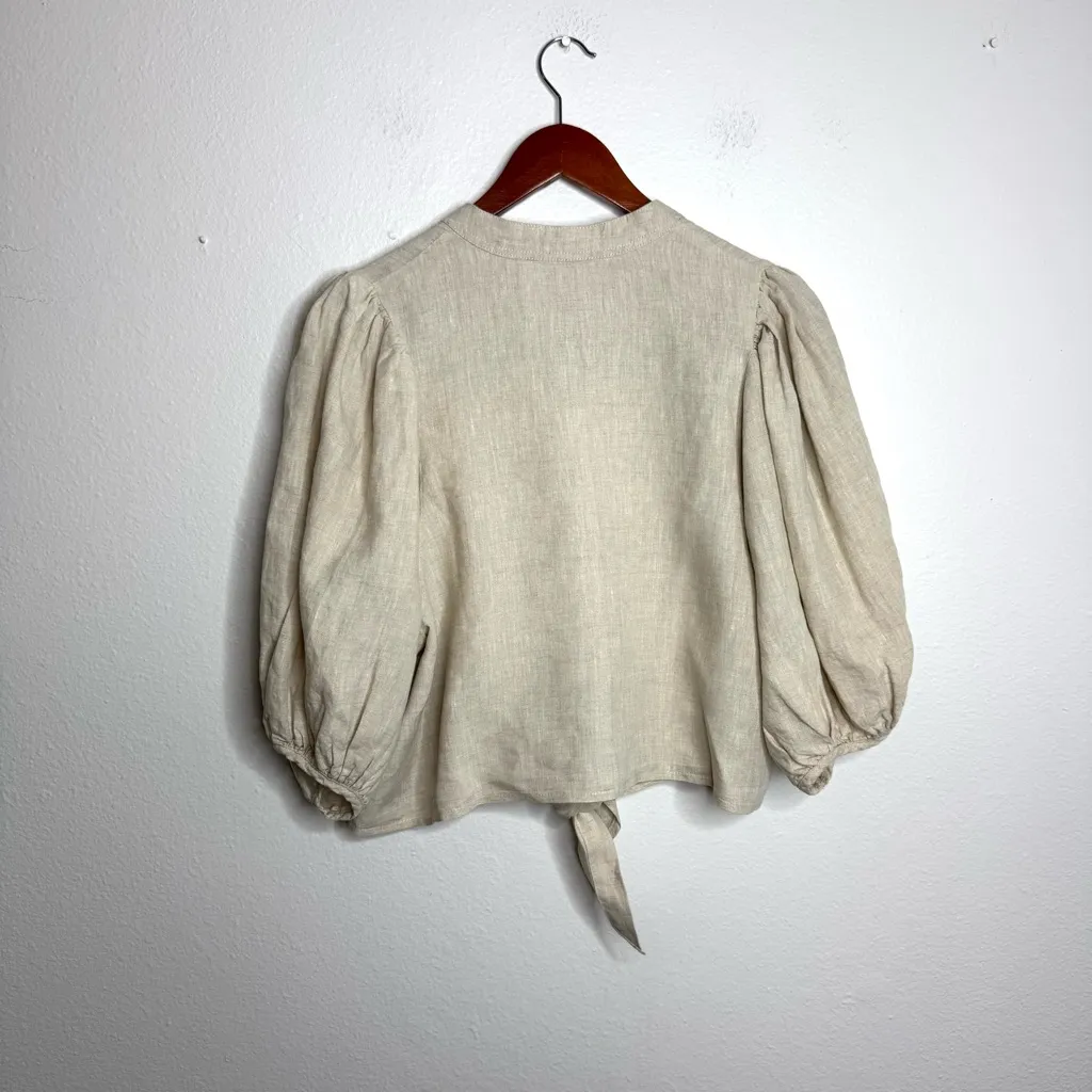 Lanhtropy Natural‎ Bubble Linen Crop Top Beige Tie Waist White Size L - Image 3