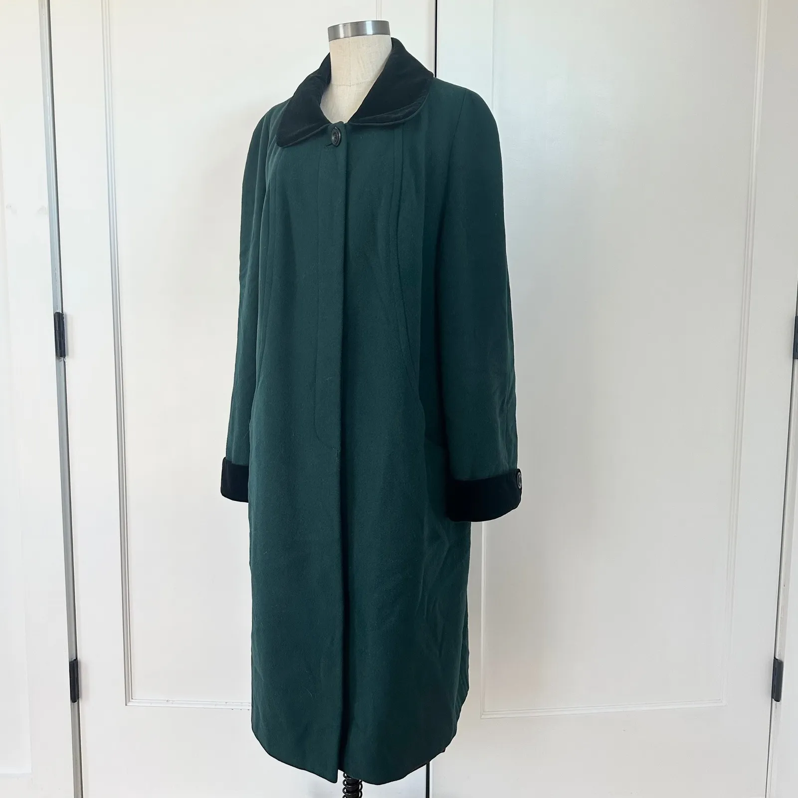 ALORNA Vintage Women's Dark Green Velvet Trim Long Wool Blend Coat 90s Size M - Image 7