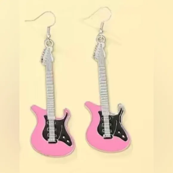 Electric guitar‎ silver plated pink dangle drop earrings faux fashion jewelry - Image 2