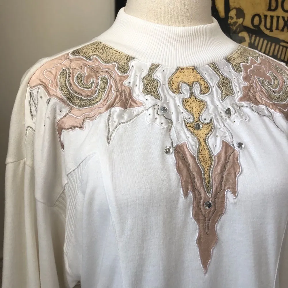 Vintage 80s 90s Mock Neck Appliqué Bling Top L Size L - Image 3