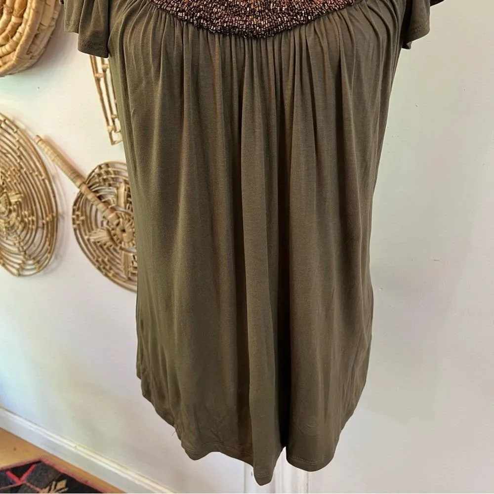 Vintage Boho Peasant Blouse Brown Beaded Neckline Flowy Top USA Made Size M Green Size M - Image 5