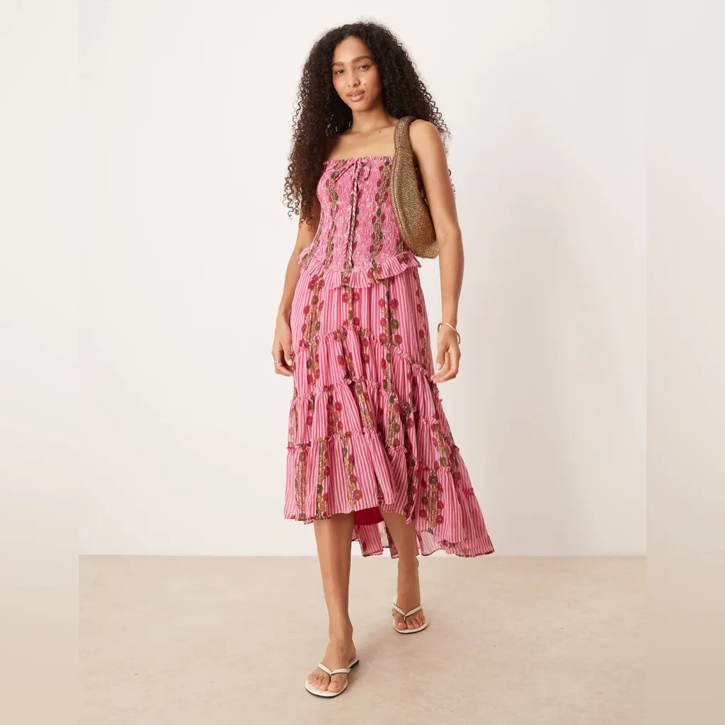 Free People ruched ruffle midi dress in hot pink combo, Size X-Small, $179 - Image 6