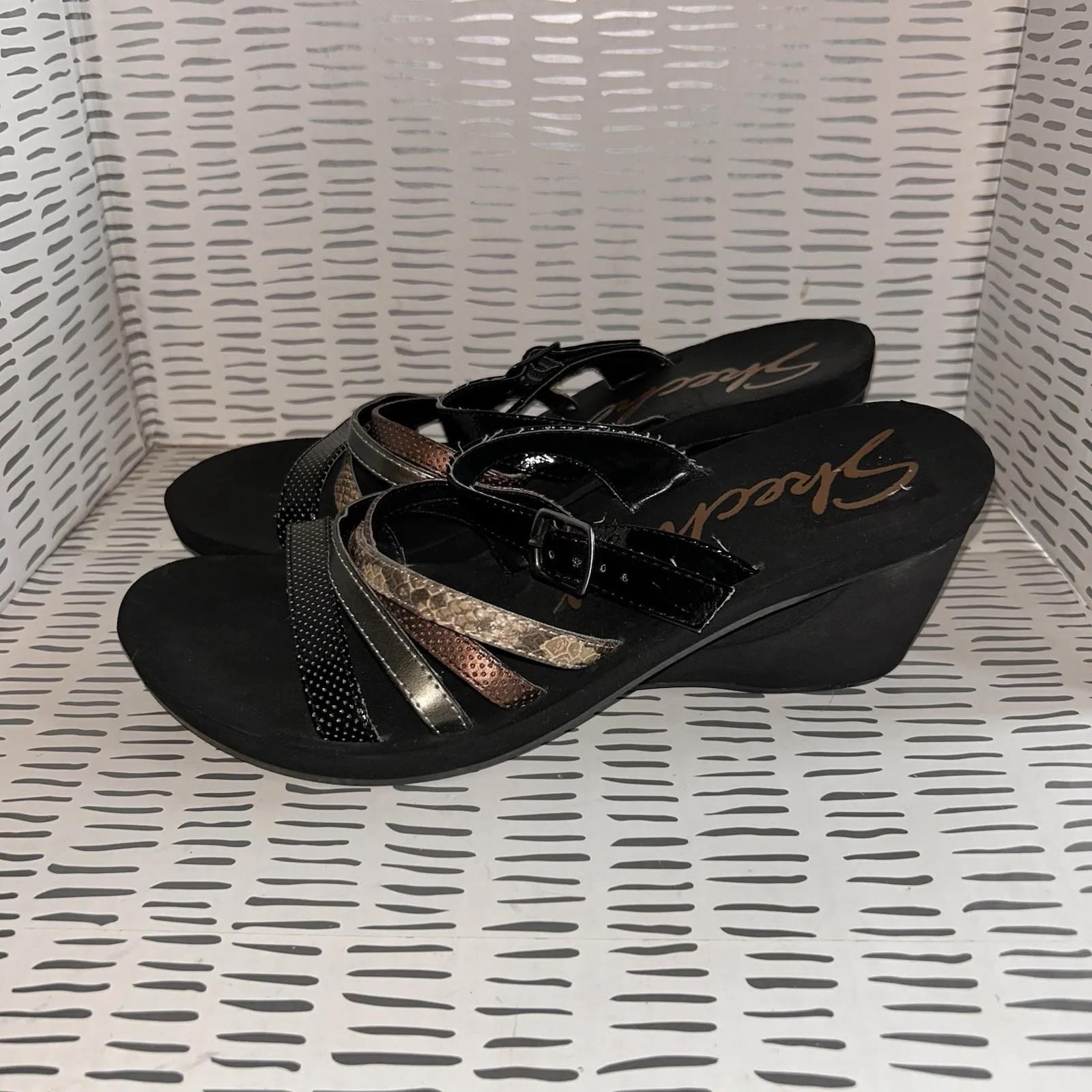 Skechers Cali Rambler Womens 10 Black Brown Snake Strappy Sandal Wedge Slide - Image 2