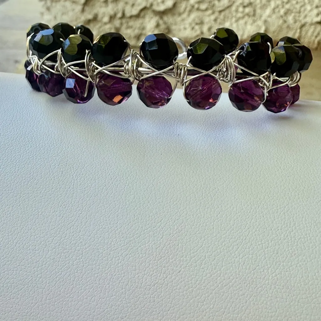 Purple & Black Faceted Beaded Open Bangle Cuff - Image 3