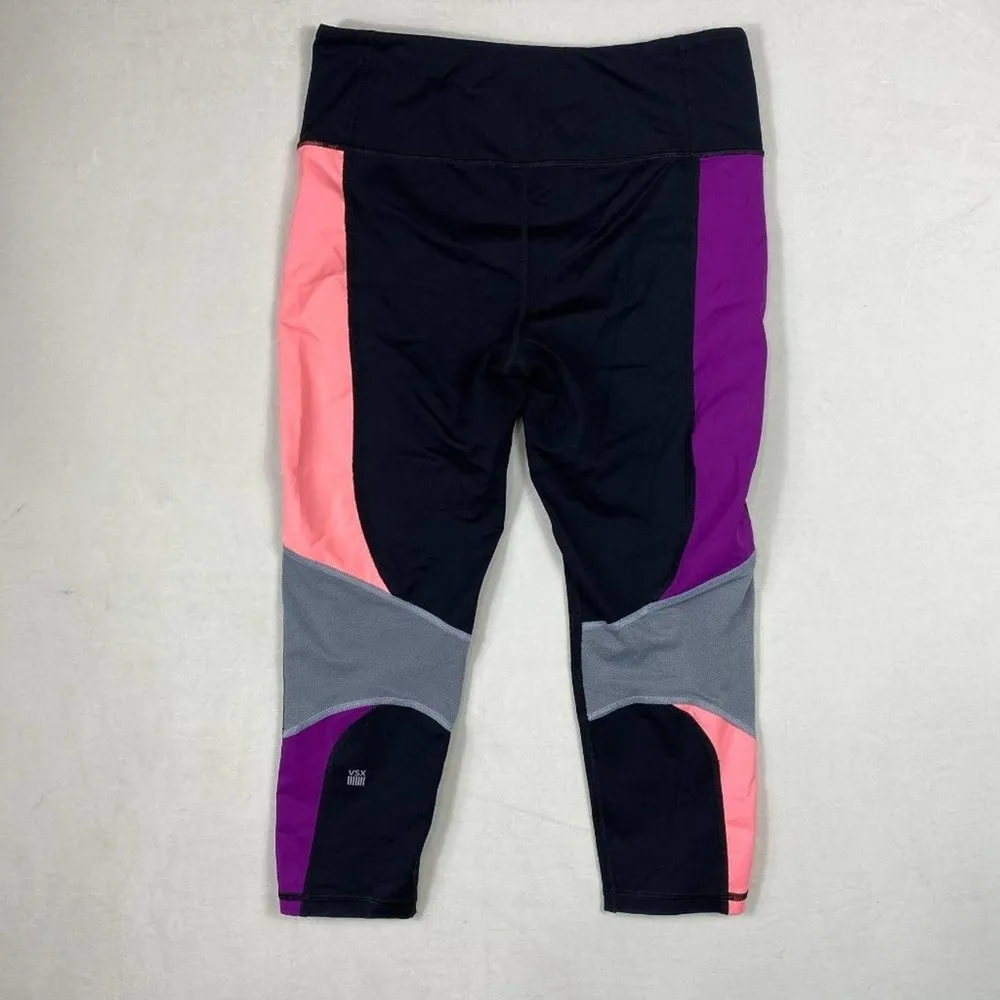 Victoria's Secret Cropped Color Block Black/Pink/Grey/Pink Mesh Leggings-Med - Image 4