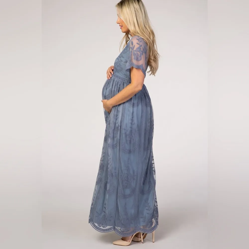 Maternity Gorgeous Dusty Blue Maxi Dress Size Large - Image 6