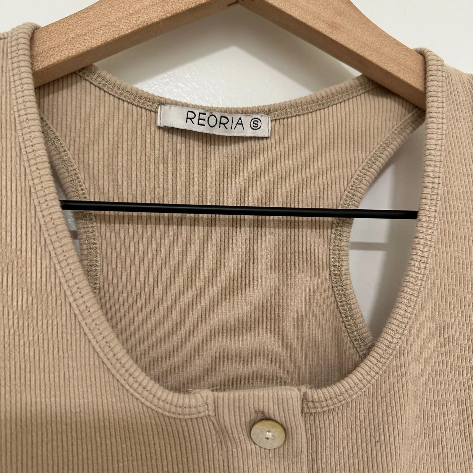 REORIA | Cream Ribbed Racerback Henley Button Up Snap Bodysuit Tan - Image 5