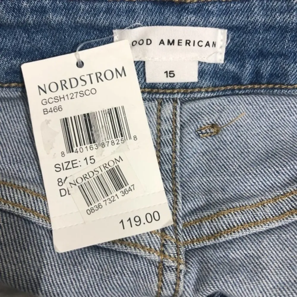 Good American Good Curve Raw Hem High Rise Denim Blue Jean Shorts Size 15 NWT - Image 6