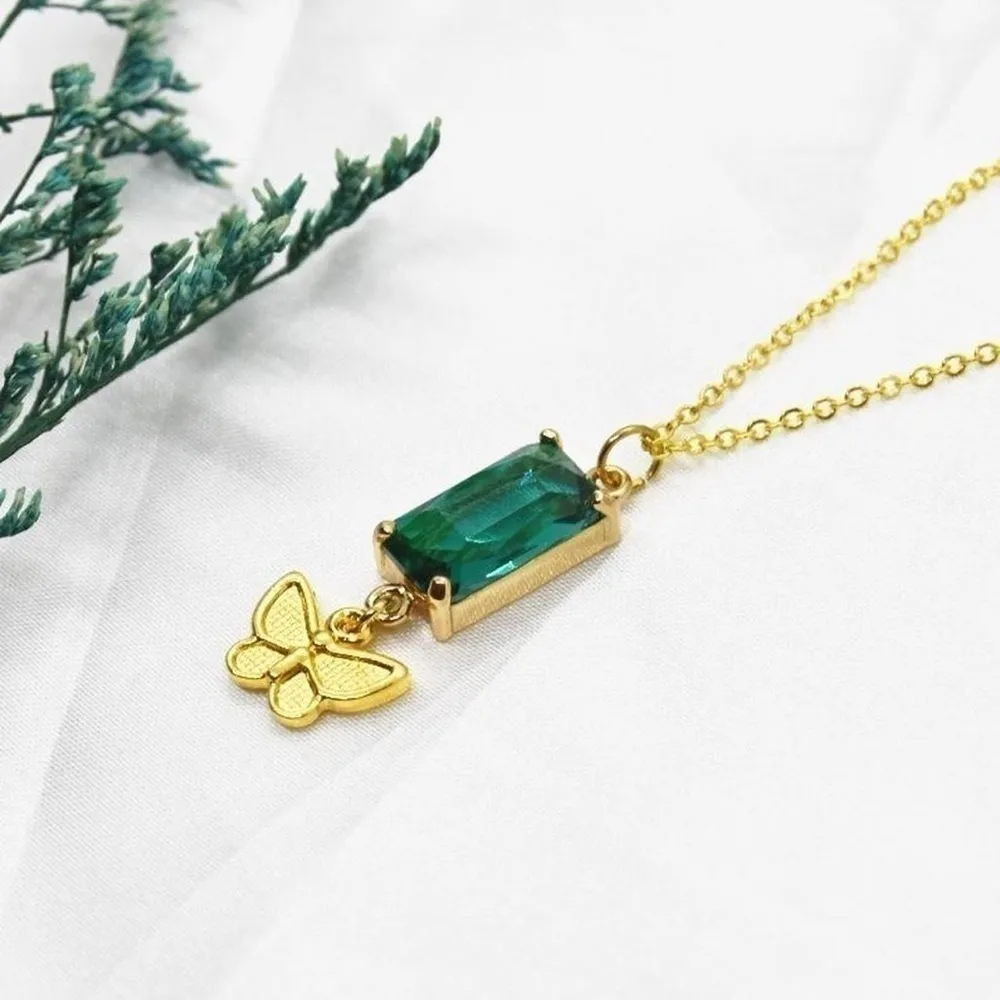 Butterfly and Green Emerald Stone Necklace Gold - Image 3