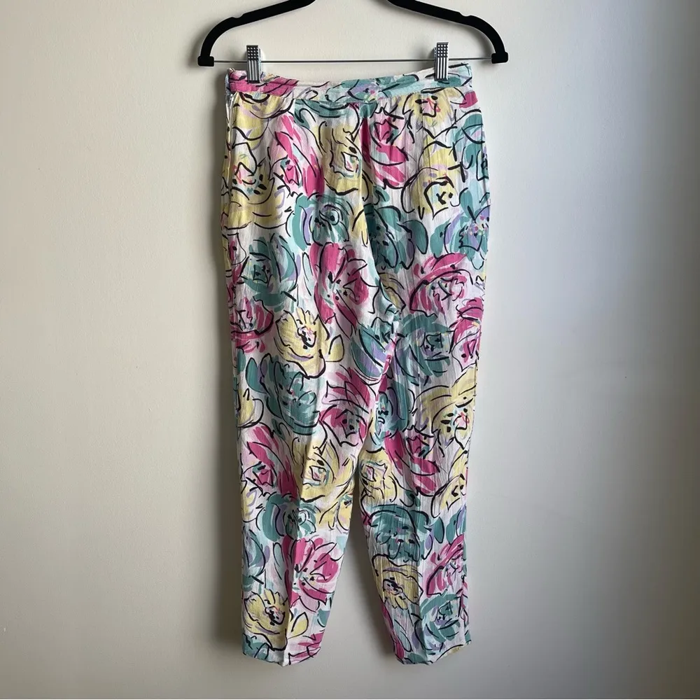 Vintage 80s ESPRIT Linen/Rayon Tapered Floral Pleated Pants Made in Italy Small - Image 6