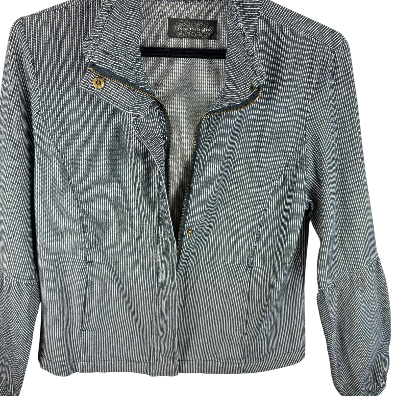 Live A Little Blue White Pinstriped Full Zip Collared Jacket Pockets Size S - Image 4