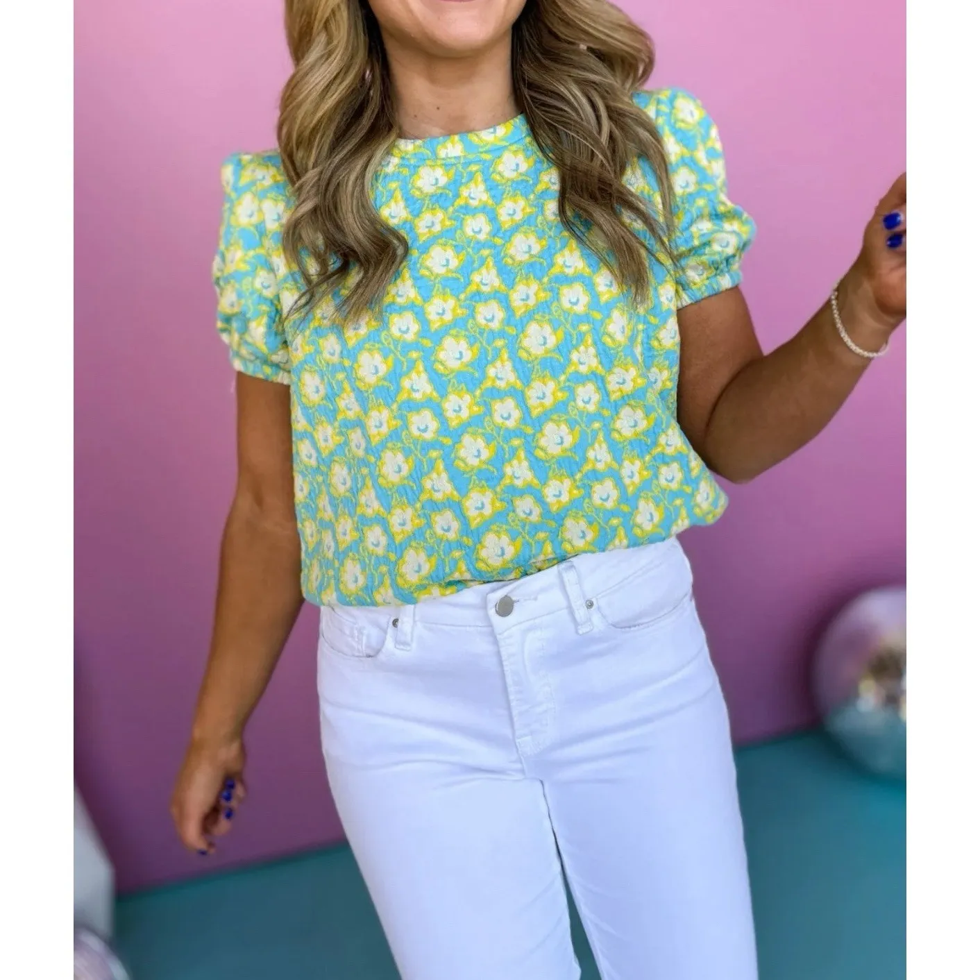 VOY Women's Textured Floral Blue Yellow Puff Sleeve Blouse Size M Casual‎ Chic - Image 2