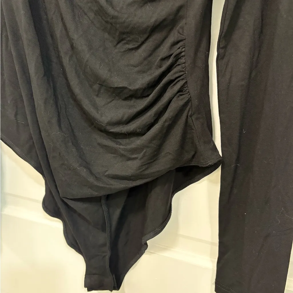 MANGOPOP Black Bodysuit Long Sleeve Asymmetrical Wrap Ruched Deep V - Image 3