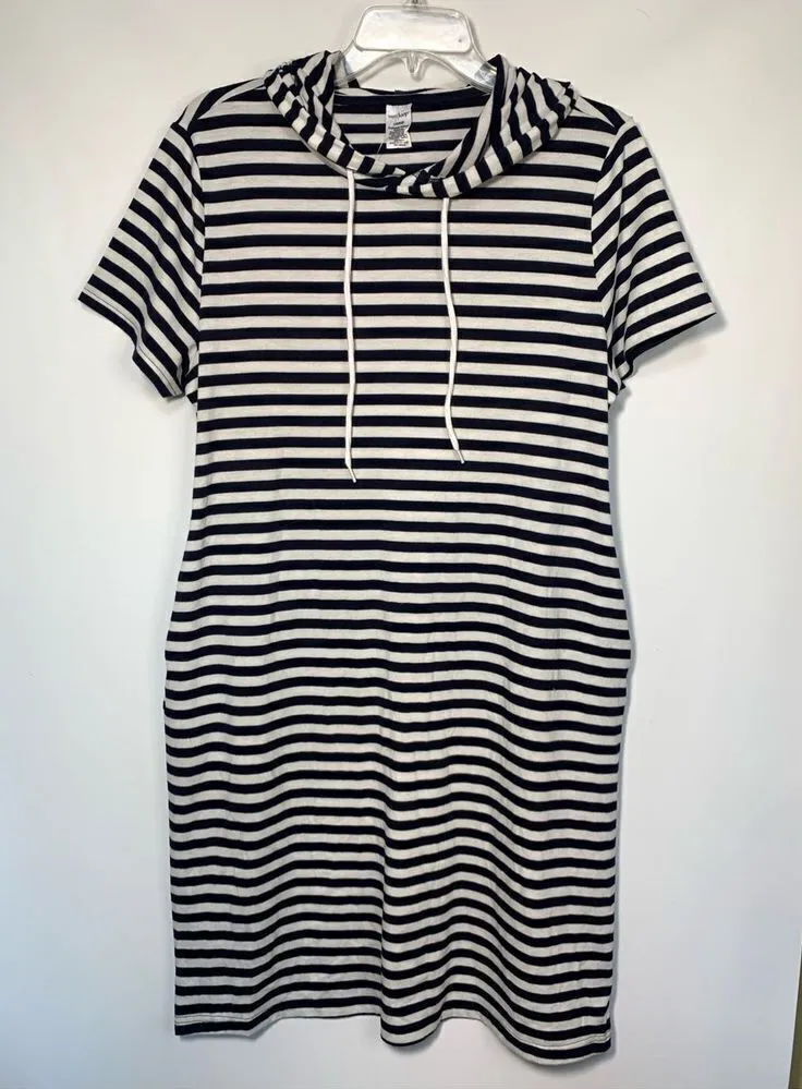 West Loop Women's Stripes Hooded Shift Mini Dress Blue & White Large NWOT - Image 1
