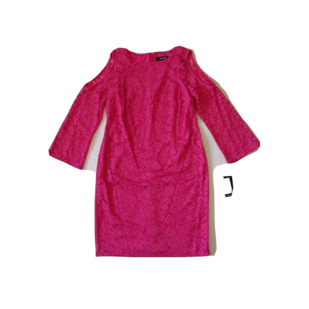 NWT Nine West Candy Pink Cold Shoulder Raglan Sleeve Lace Shift Dress 4 $89 - Image 2