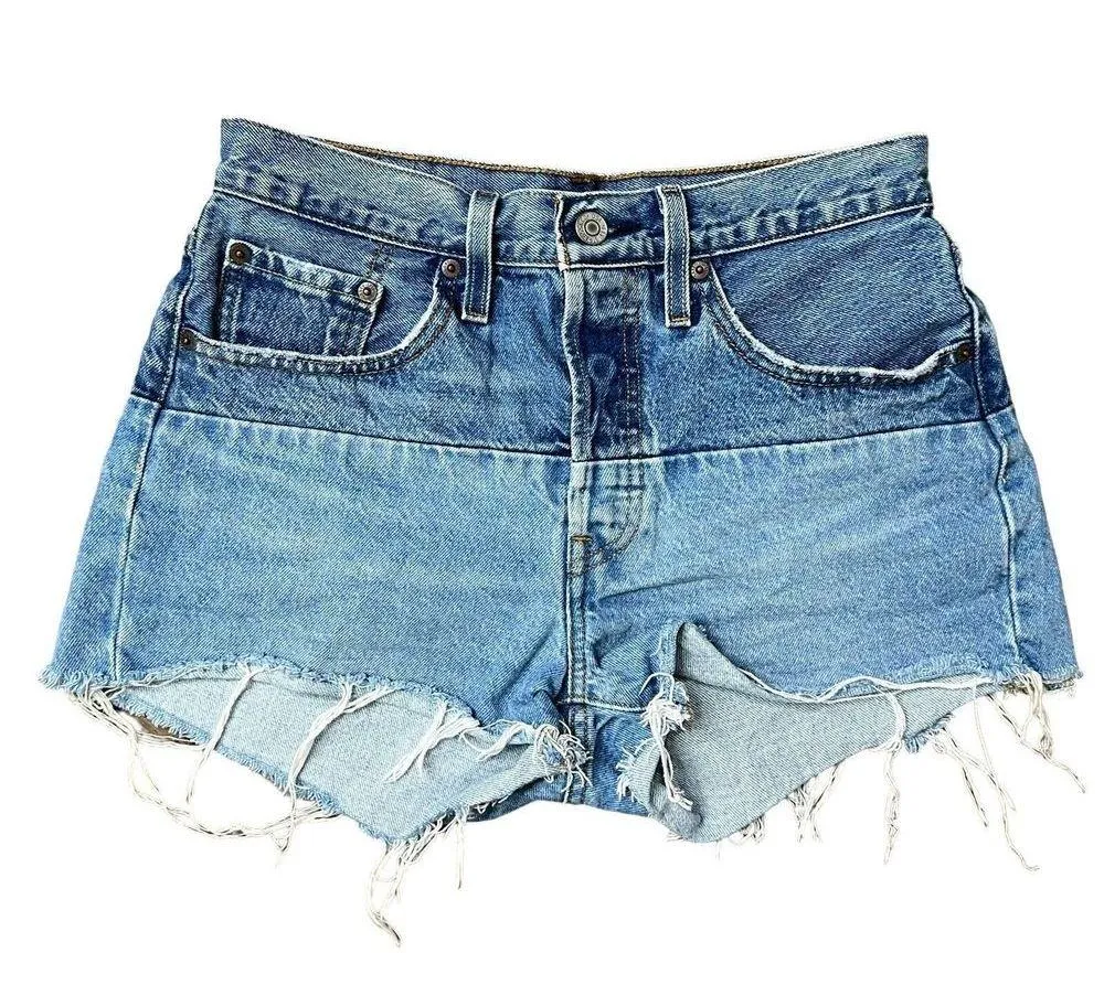 Levis Size 27 501 150 Pieced Shorts Original High Rise Denim Distressed Blue - Image 2
