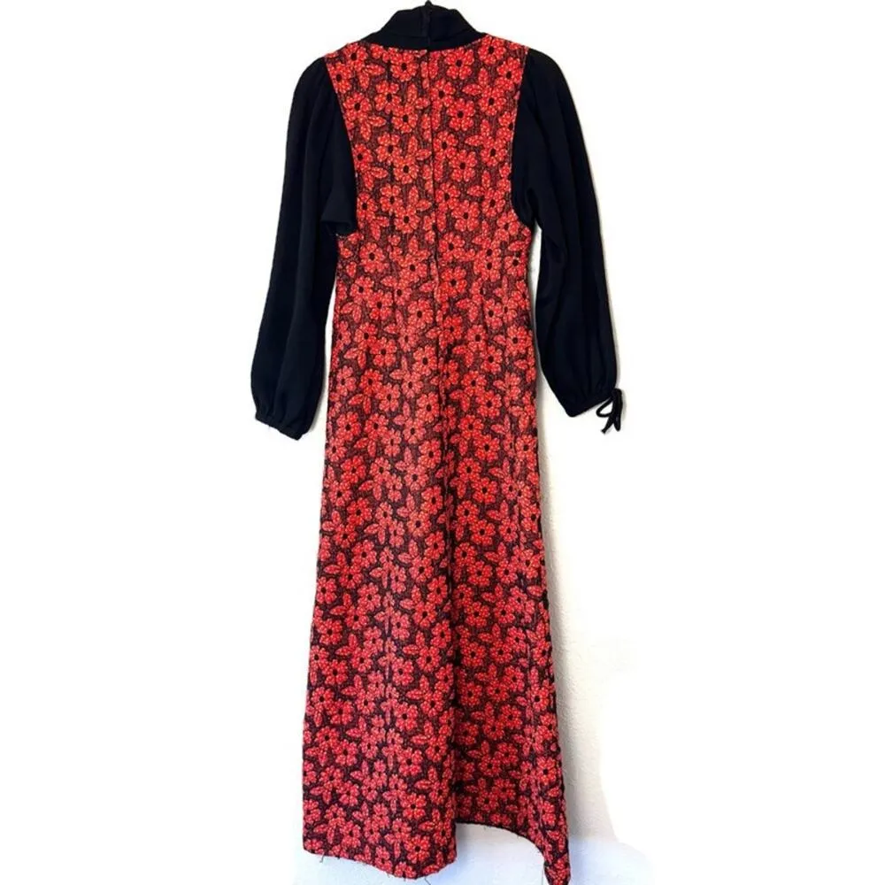 Vintage 60s Rae Dolls Red & Black Long Sleeved Turtleneck Maxi Dress Size Medium - Image 2